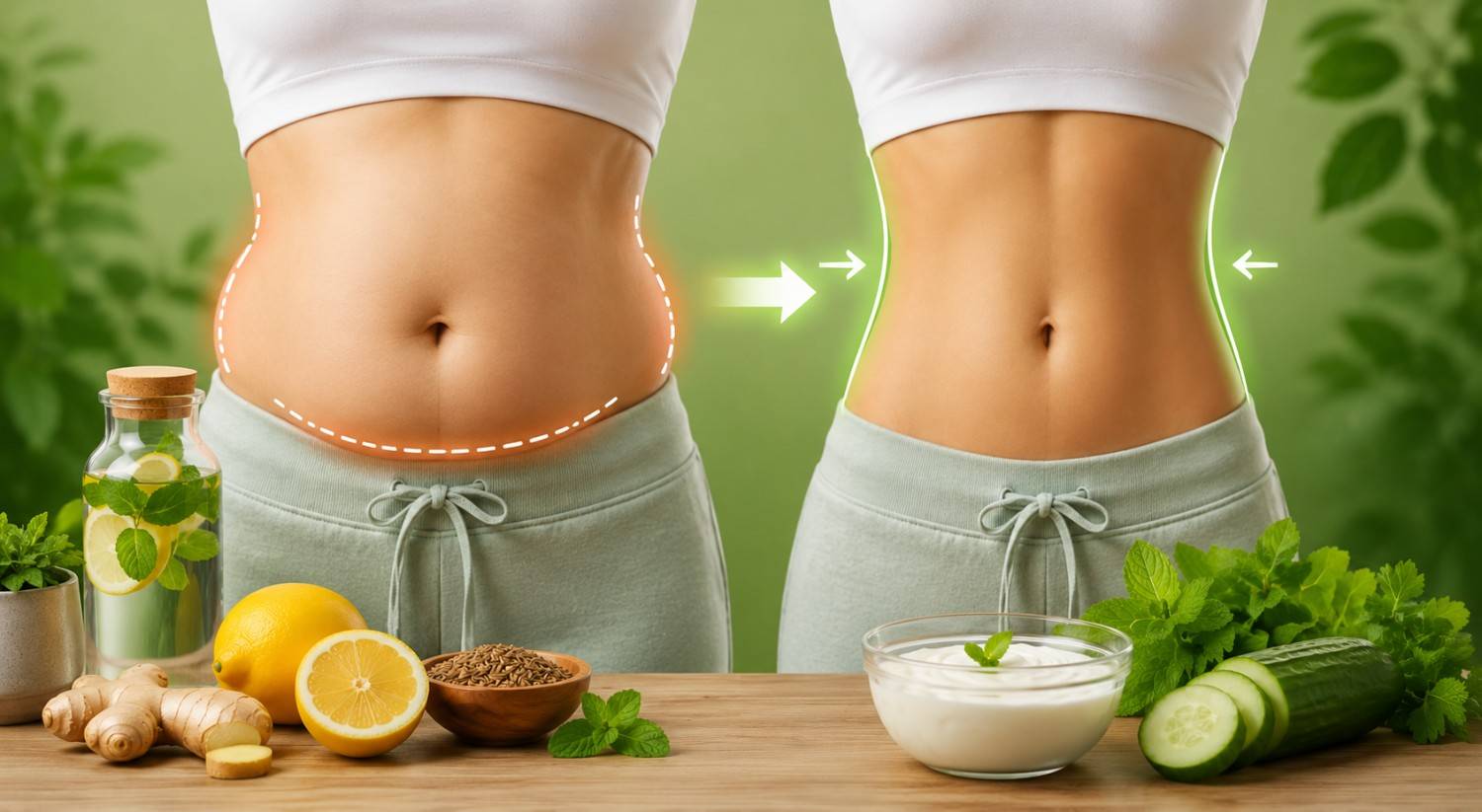 Woman showing belly fat reduction naturally with gut health and healthy lifestyle support