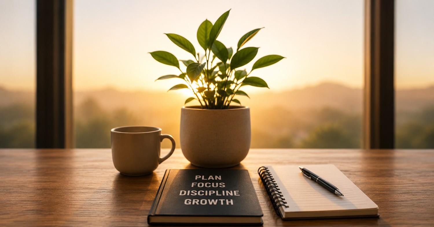 Minimal morning desk setup with notebook, coffee mug and plant during sunrise representing productive morning habits and focus