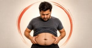 Pet ki charbi aur belly fat ko dikhata hua overweight aadmi, jo age nahi balki lifestyle aur hormonal imbalance ka signal hai