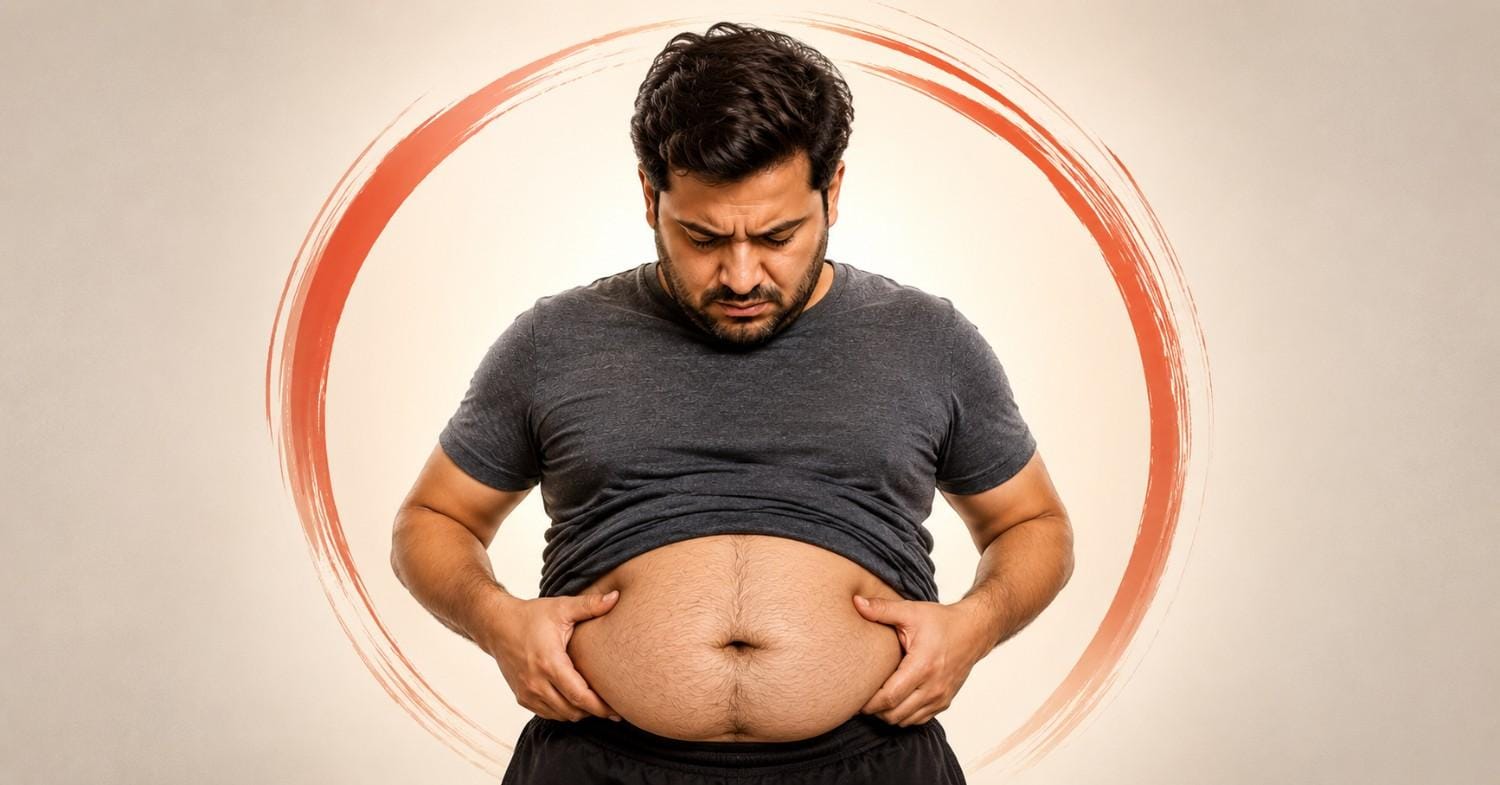 Pet ki charbi aur belly fat ko dikhata hua overweight aadmi, jo age nahi balki lifestyle aur hormonal imbalance ka signal hai