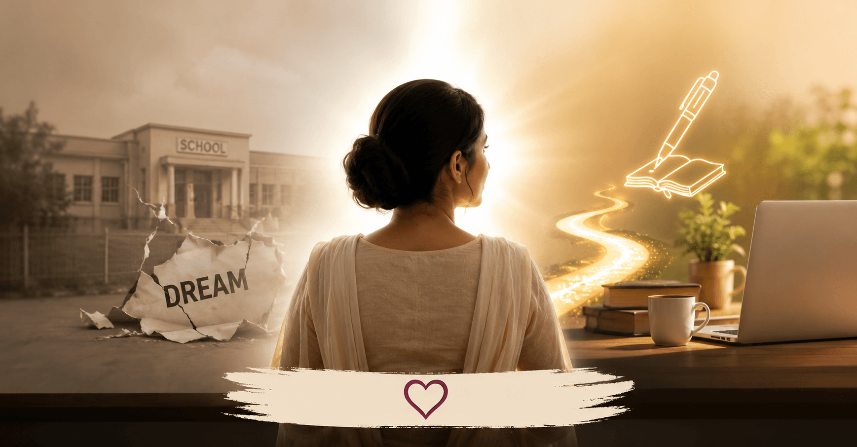 Housewife looking toward a new future after giving up her dream of becoming a teacher, symbolizing hope, resilience, and personal transformation.