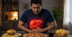 Middle-aged man holding his stomach in pain with glowing liver illustration and junk food on table, representing fatty liver warning signs and poor lifestyle effects.