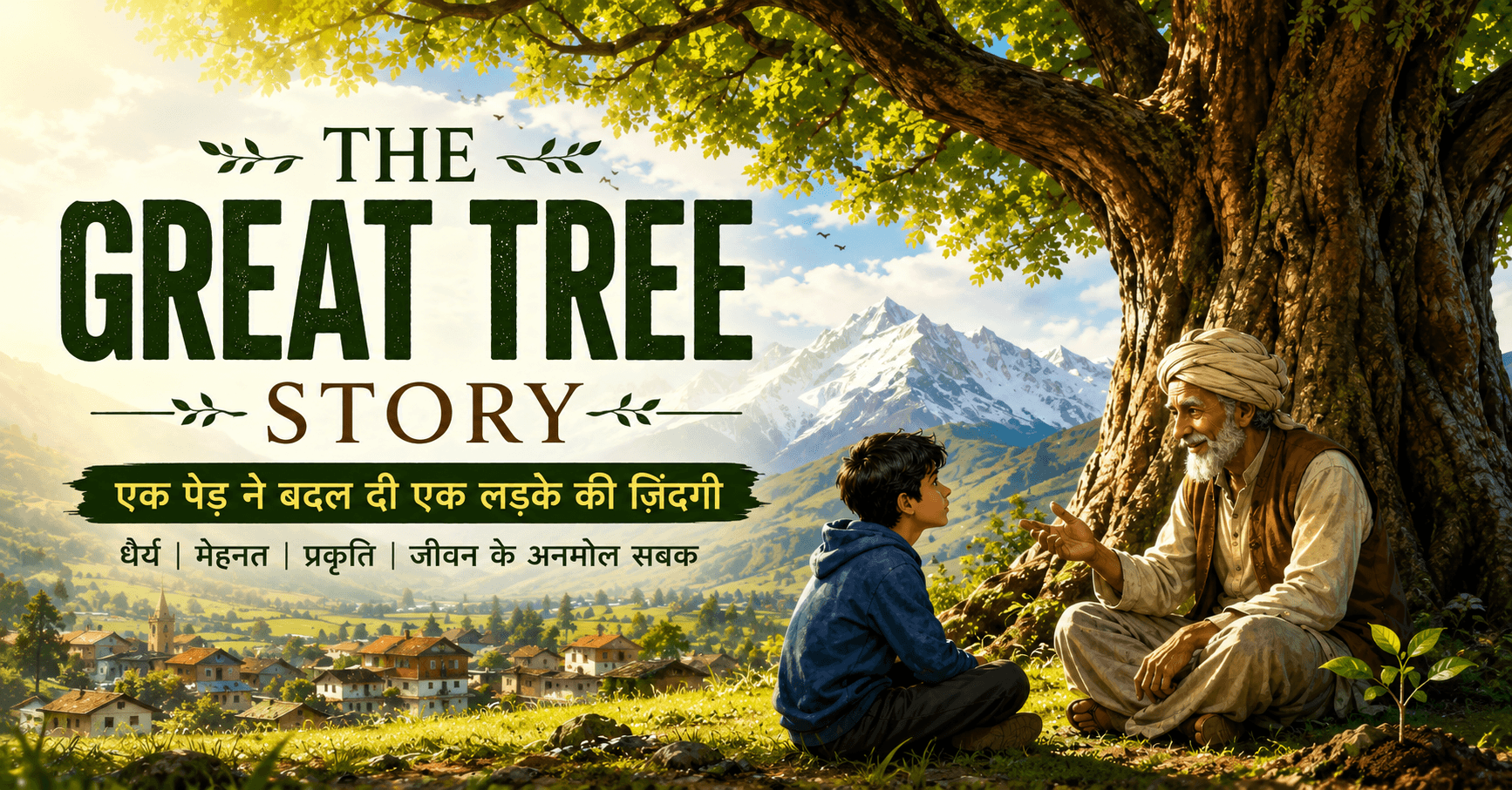 The Great Tree Story in Hindi featuring Aarav and Hari Kaka under a giant ancient tree, symbolizing patience, consistency, and life's valuable lessons.