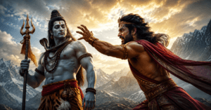 Bhasmasur Ki Kahani mein Bhagwan Shiv aur Bhasmasur ka drishya, jo ahankar aur shakti ke durupyog ki seekh deta hai.