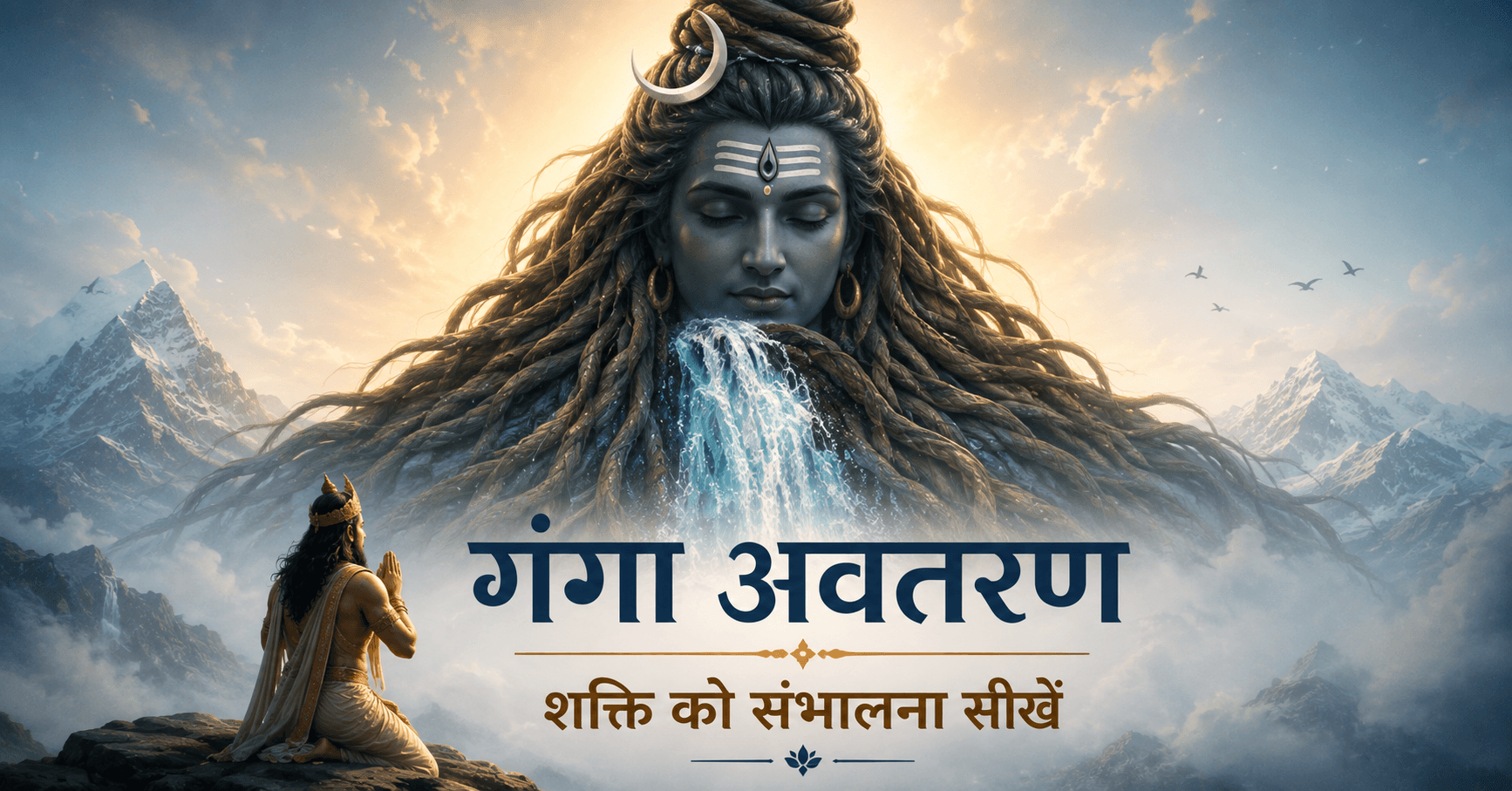 Bhagwan Shiv apni jataon mein Maa Ganga ko dharan karte hue, Ganga Avataran Ki Kahani ka drishya.