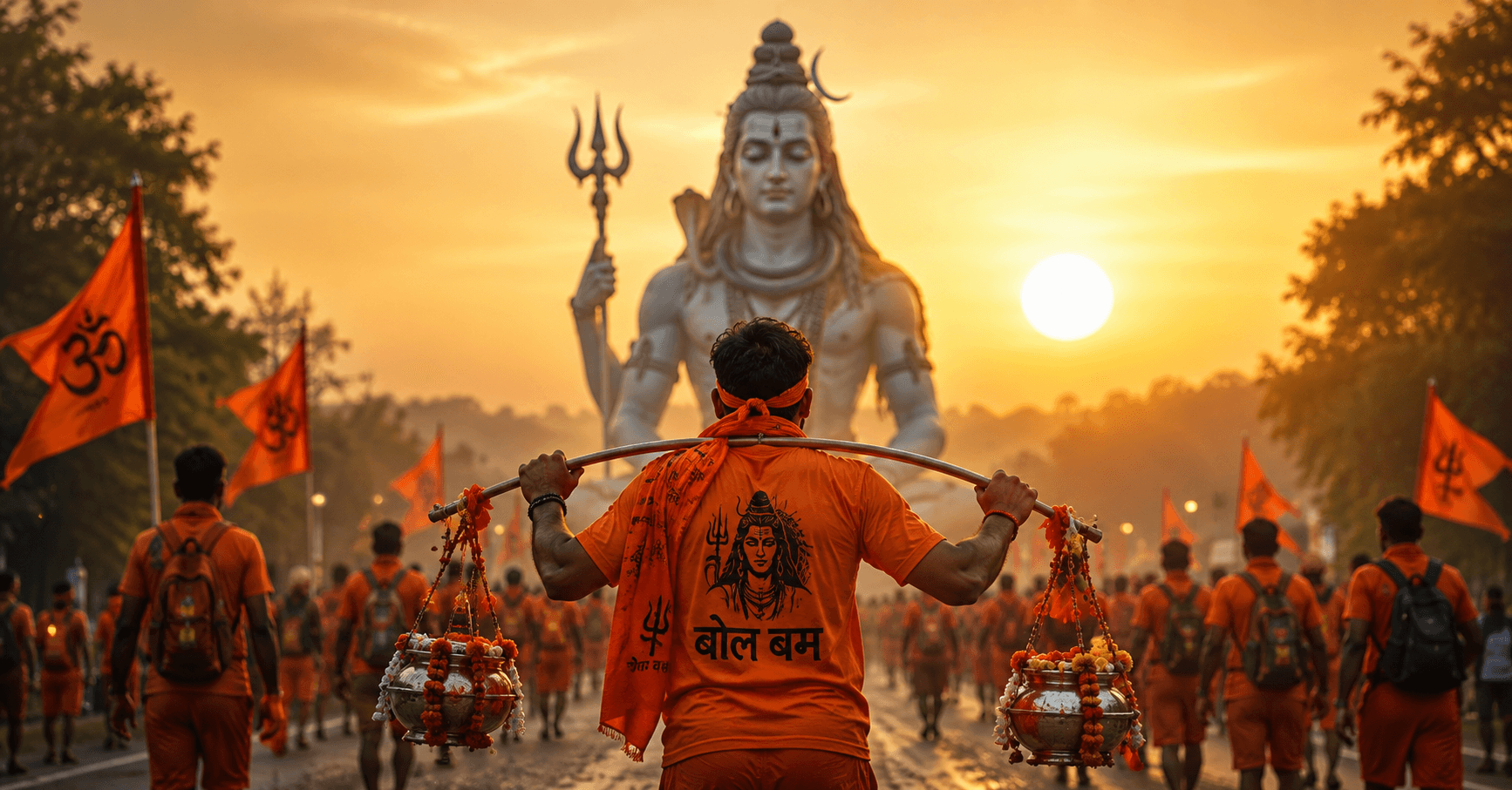 Kanwar Yatra ke dauran Mahadev ki bhakti mein Kanwar lekar chalte Shiv bhakt, Sawan ki prernaadayak yatra