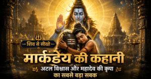 Markandeya Bhagwan Shiv ke Shivling se lipte hue, Mahadev unhe ashirvaad dete hue. Atal vishwas aur Mahadev ki kripa ko darshata drishya.