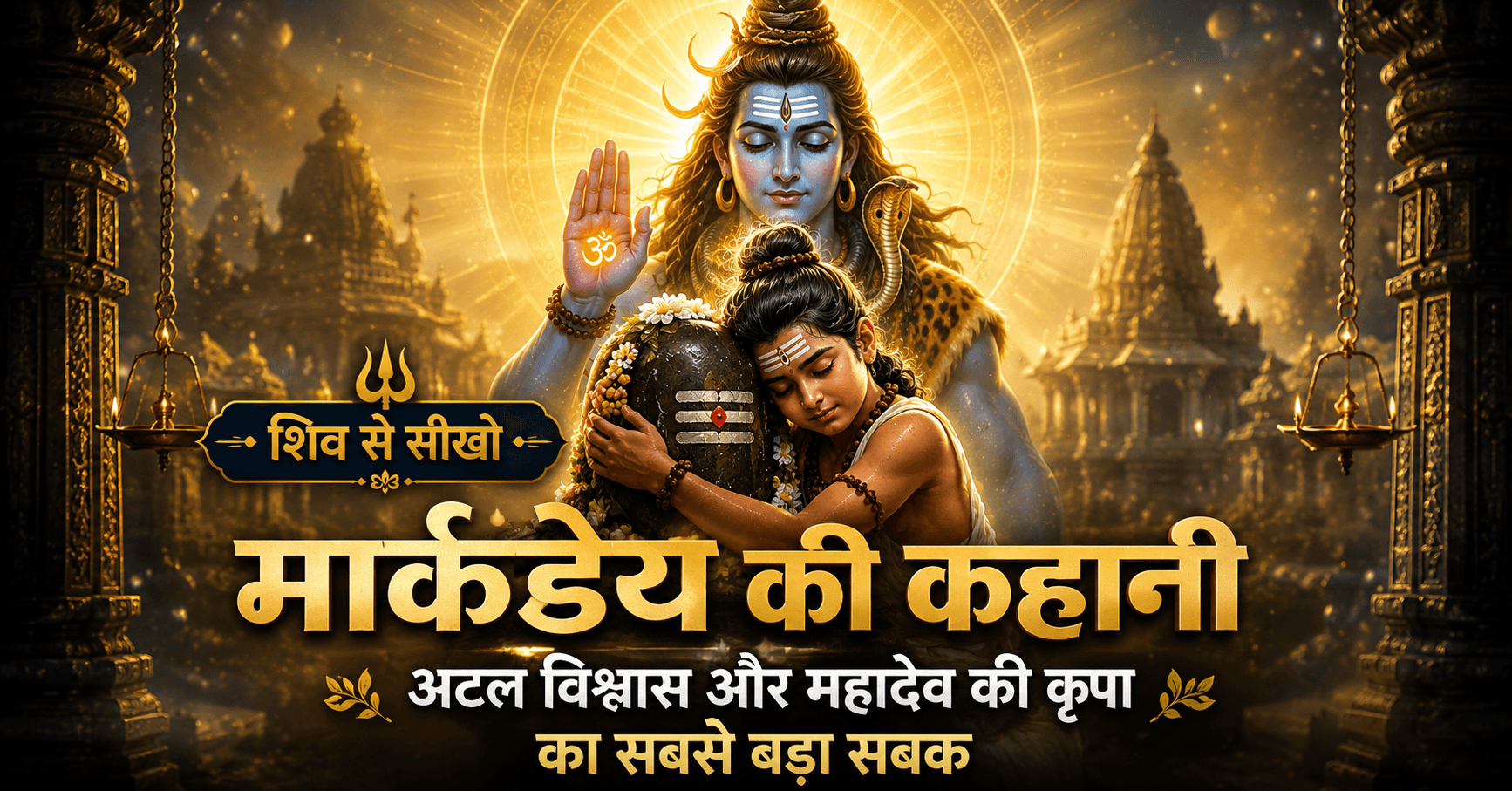 Markandeya Bhagwan Shiv ke Shivling se lipte hue, Mahadev unhe ashirvaad dete hue. Atal vishwas aur Mahadev ki kripa ko darshata drishya.
