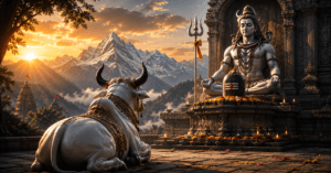 Bhagwan Shiv ke saamne shaant bhaav se baithe Nandi, nishtha aur samarpan ka prateek.