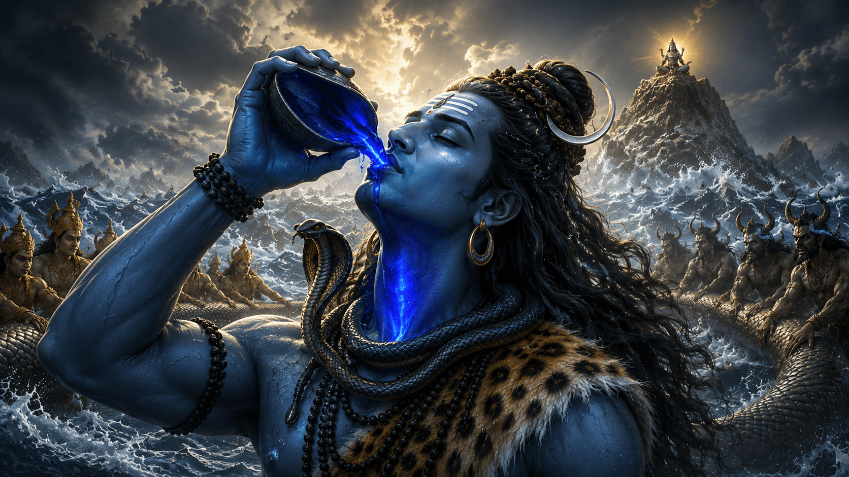 Samudra Manthan ke dauran Halahal Vish peete hue, Neelkanth roop ka divya drishya