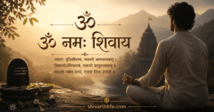 Om Namah Shivaya mantra ka jap aur dhyan karte hue bhakt, Shivling aur Mahadev upasana