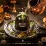 Shivling par jal se Rudrabhishek karte hue bhakt, Belpatra aur pooja samagri ke saath