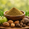 Triphala Churna ka bowl, saath mein Amla, Haritaki aur Bibhitaki ke phal