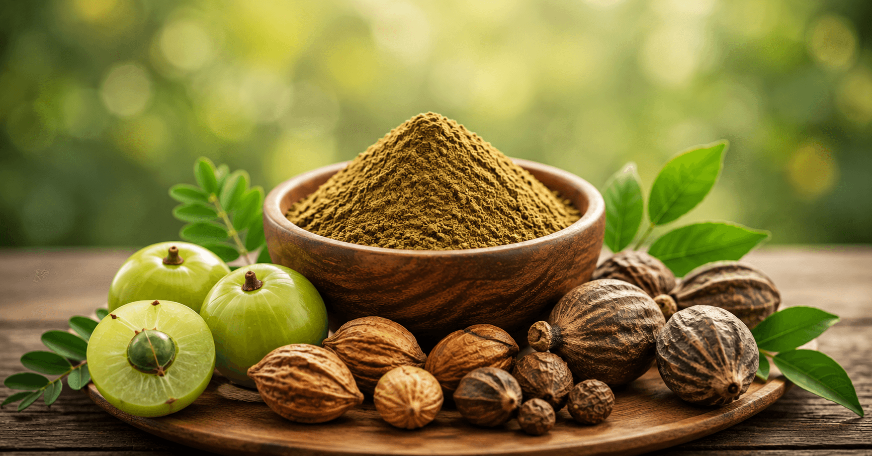 Triphala Churna ka bowl, saath mein Amla, Haritaki aur Bibhitaki ke phal