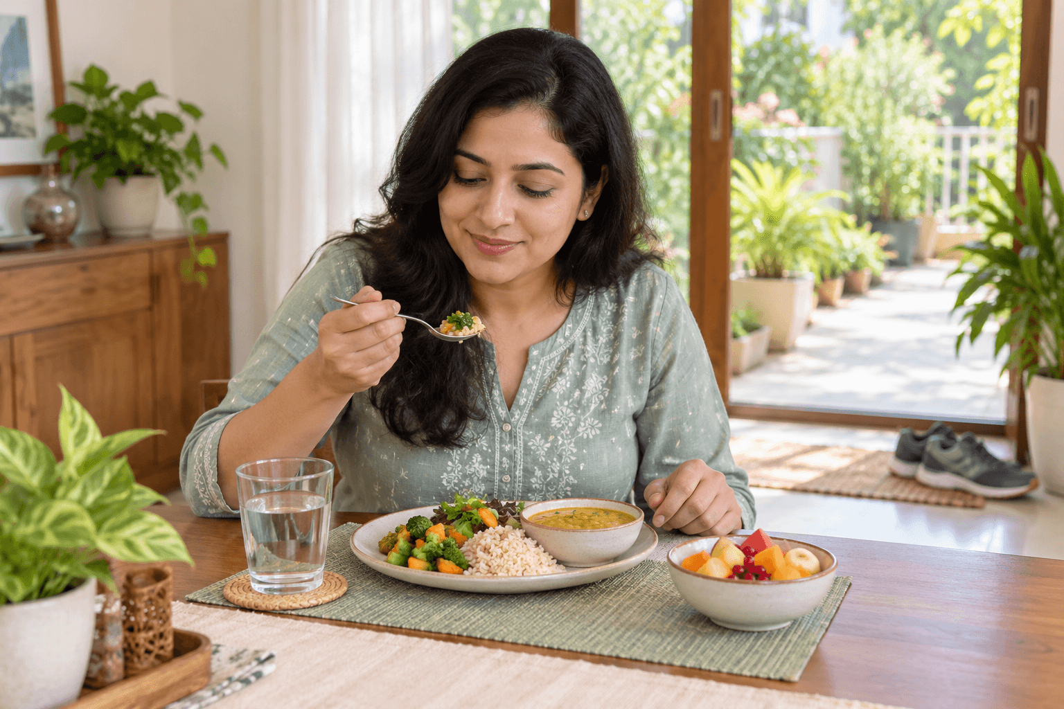 गैस और पेट फूलना कम करने के लिए स्वस्थ भोजन, पानी और नियमित सैर