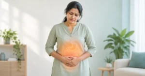 गैस और पेट फूलने की समस्या से परेशान महिला