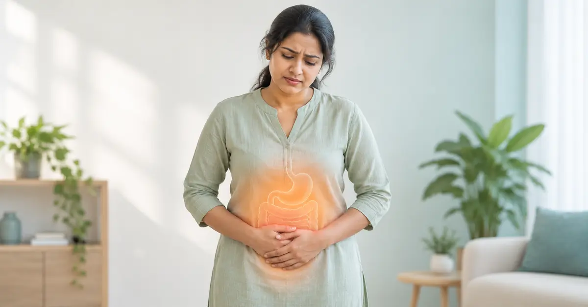 गैस और पेट फूलने की समस्या से परेशान महिला
