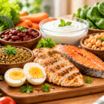 High protein foods for weight loss including eggs, chicken, fish, tofu, beans and nuts
