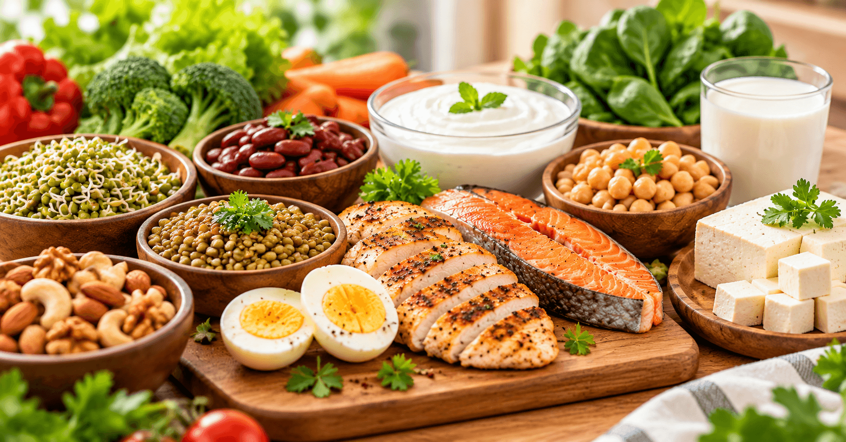 High protein foods for weight loss including eggs, chicken, fish, tofu, beans and nuts